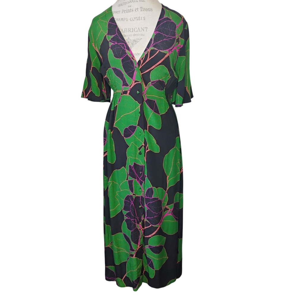 Blank NYC Maxi Dress Womens Medium Black Green Tropical‎ Leaf Print Vacation